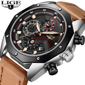 

LIGE Top Brand Luxury Men Watches Military Quartz Chronograph Male Leather Clock Man Sport Army Wrist Watch Relogios Masculino