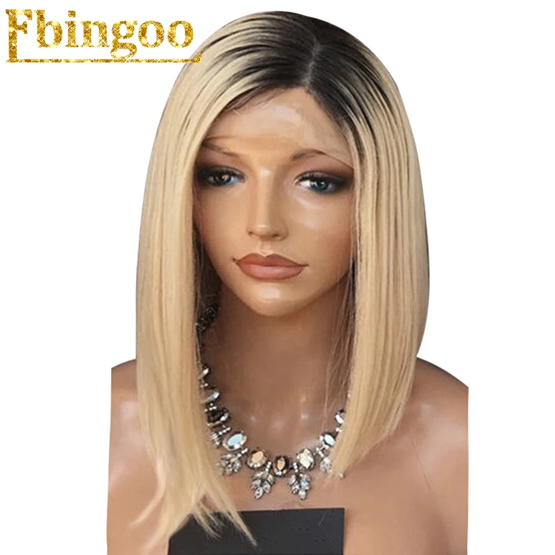 

Ebingoo High Temperature Fiber Peruca Short Straight Bob 2 Tones Black Ombre Blonde Synthetic Lace Front Wig For White Women