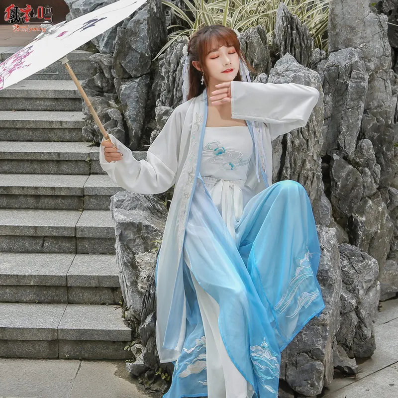

Chinese style Hanfu 3 pieces / set of improved fresh and elegant fairy students daily embroidery spring and autumn suit women