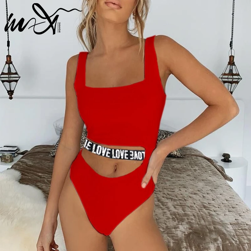

In-X Cutout sexy one piece swimsuit women Letter vintage bikini 2019 Solid push up swimwear women Monokini Bodysuit Beachwear
