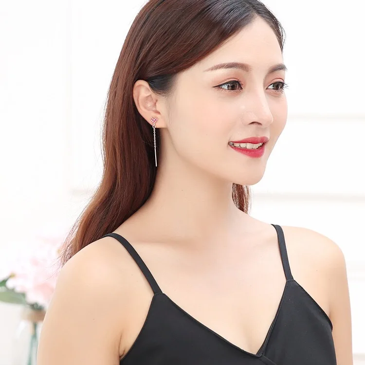 925 Love Eardrop Girl Super Fairy Temperament Simple Baitaan Earrings Small Fresh Sweet tassels Long-style Personality (10)
