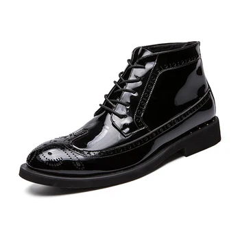 

British fashion men large size patent leather brogue shoes carving bullock oxfords shoe motorcycle ankle boots botines zapatos