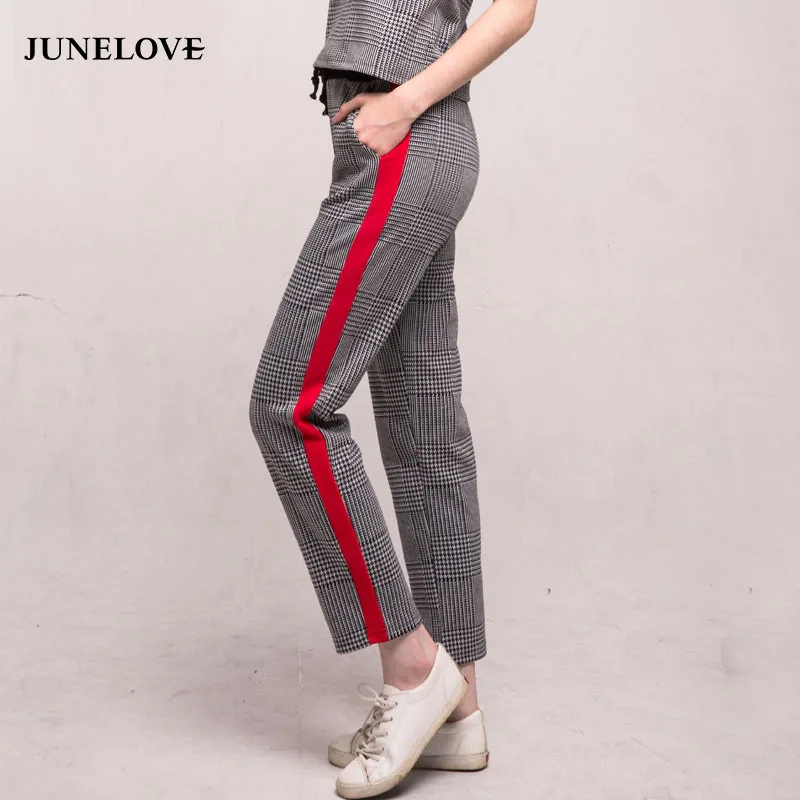 JuneLove 2019 весенние женские винтажные Длинные клетчатые брюки в полоску с высокой