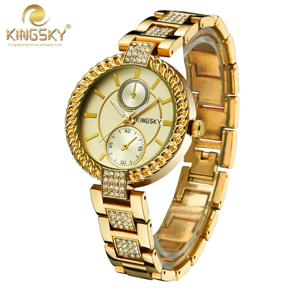 Women Dress Watch Rhinestone Band Big Face with 2 Decorative Small