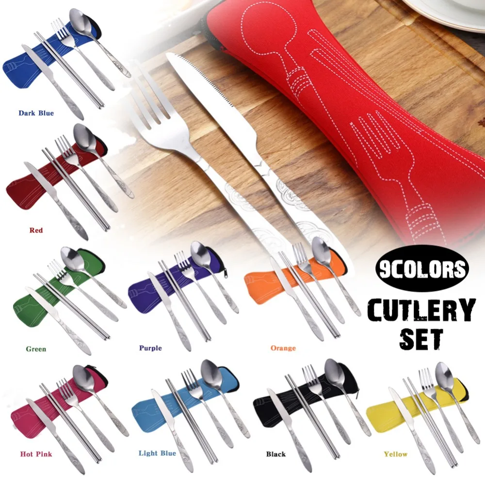 

4 Pcs/Set Stainless Steel Fork Spoon Chopsticks With Storage Bag Travel Camping Cutlery Tools Tableware Tableware Flatwares Set