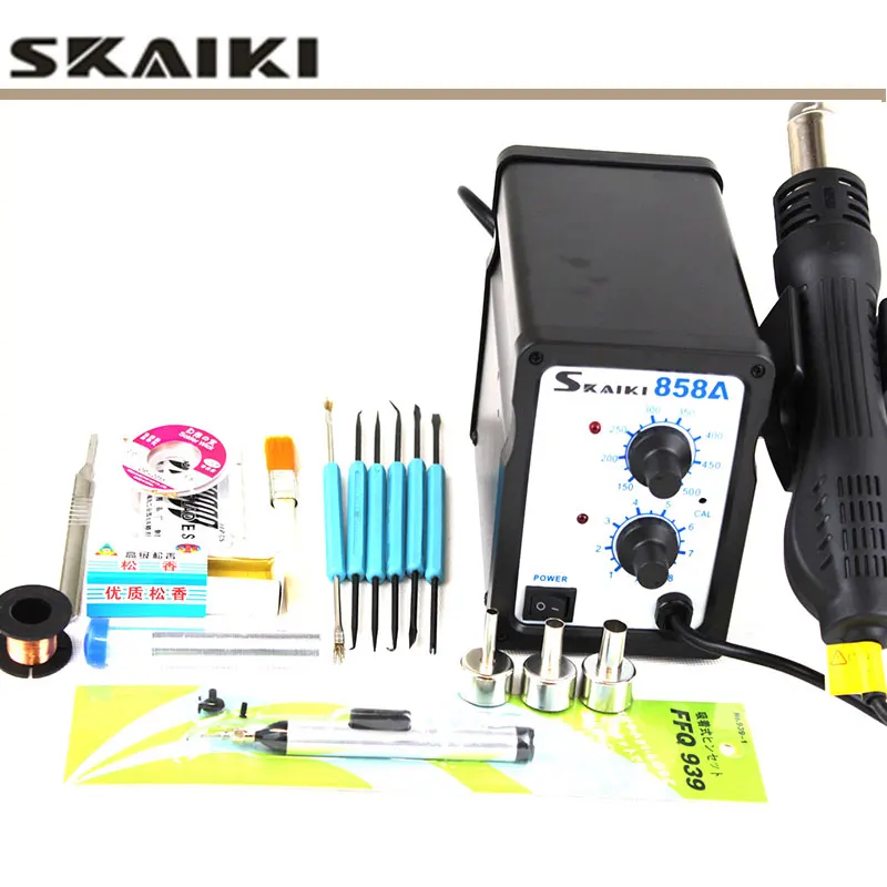 

858A sets Temperature adjustable soldering station Hot air gun solder station with 3 pcs nozzles for Lab Motherboar repair