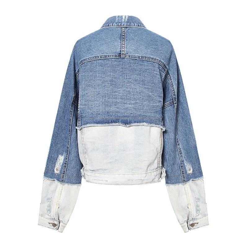 Survêtement Rue Patchwork Veste pu Jean Vintage Femmes Mode Bleu De Streetwear Taille 2 Moruancle Libre Déchiré Denim Ciel Couleur Salut Affligée nZA1vgx