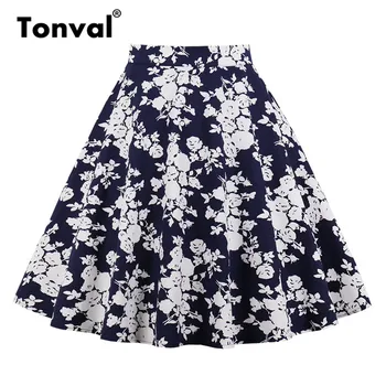 

Tonval Vintage Skirt A Line White Floral Print Skirts Cotton Womens Midi 2018 Summer Swing Skirt