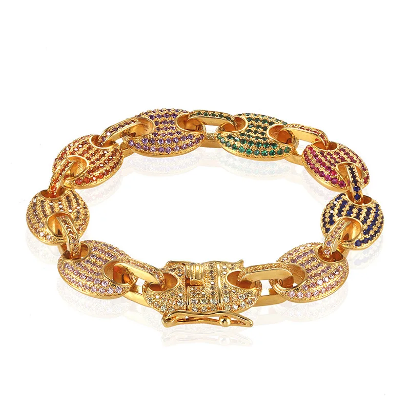 

12mm Wide Marine Link Chain Coffee Beans Bracelet For Men Women Hip Hop Bling Iced Out Prong Setting CZ Bracelets Rapper Jewelry