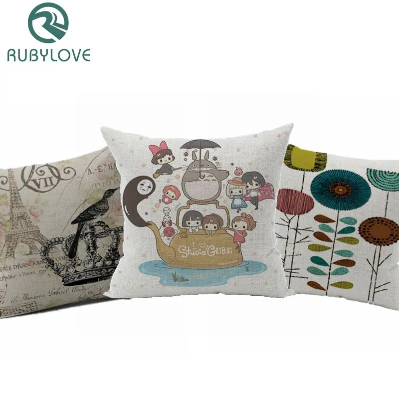 

RUBYLOVE Cushion Cover Cotton Linen Cartoon Totoro Creative Iron Tower Printing Home Deocrative Pillow Cover For Sofa Cojines