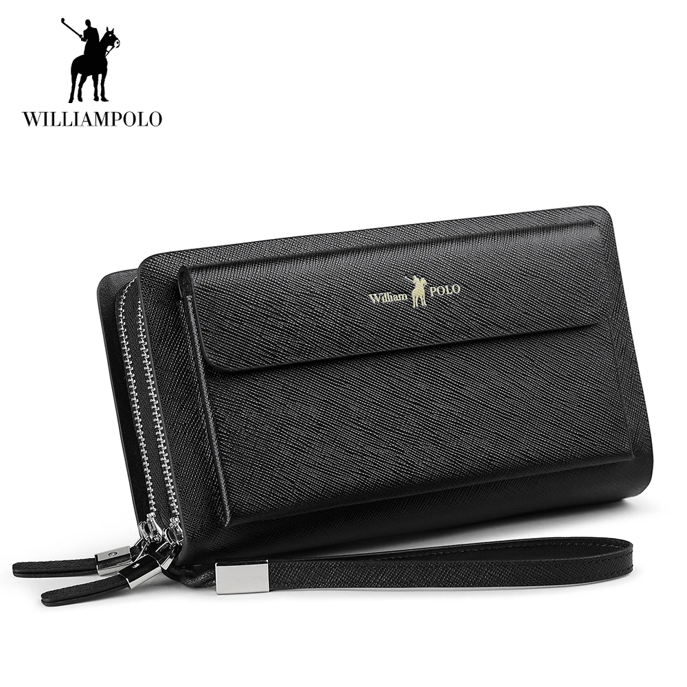 WILLIAMPOLO New Men Wallet Genuine Leather Long Clutch Phone Pocket Card Holder Handbag Double Zipper Detachable Wristlet Black