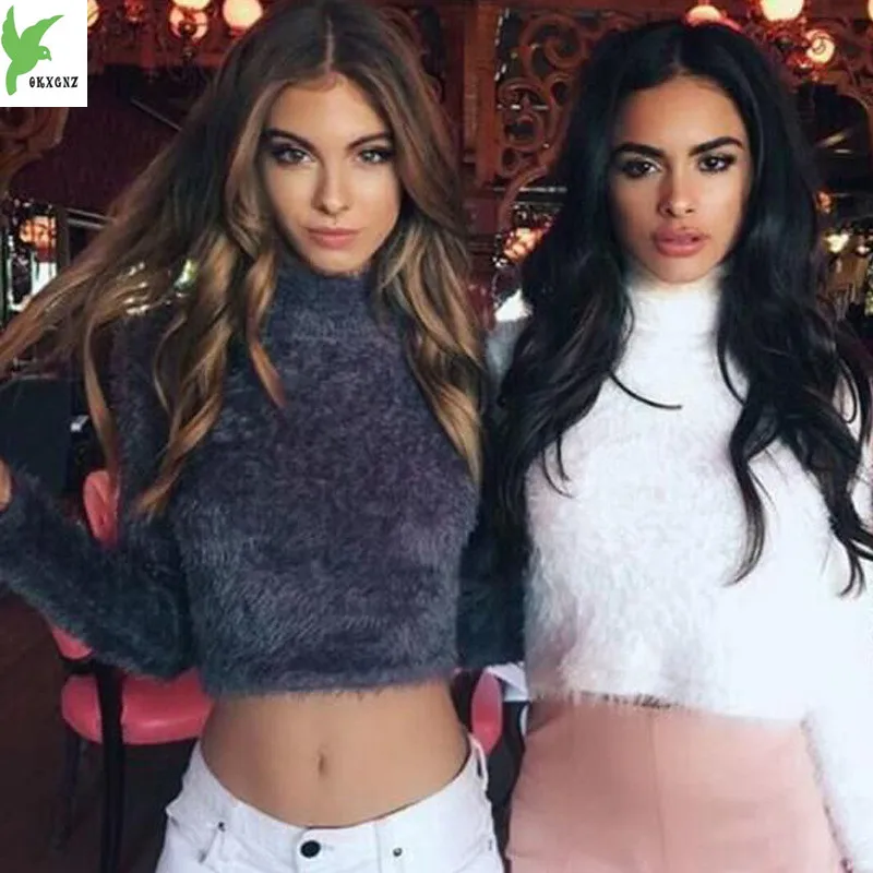 OKXGNZ 2018 New Autumn and Winter Women Wool Cropped Jumpers Fluffy Mohair Sweater Mujer Pullover Sweaters Crop Top Black | Женская