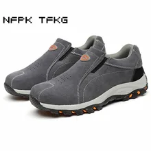 large size men fashion breathable steel toe caps work safety shoes slip-on genuine leather puncture proof tooling low boots male