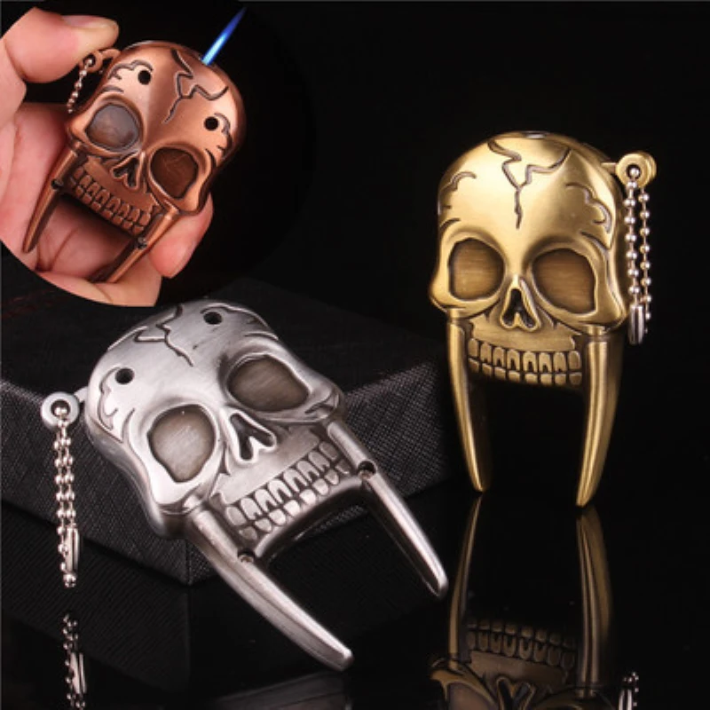 

Personality Butane Skull Head Metal Straight Flame Windproof Gas Inflatable Lighter With Chain For Smokers Accessories