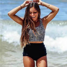 Женский Танкини с высокой талией,, пуш-ап, купальник в клетку, с принтом в виде листьев, комплект бикини, купальники плюс, 2 предмета, купальник, пляжная одежда