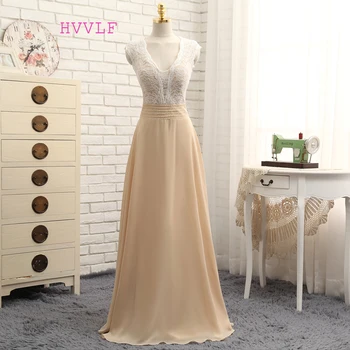 

HVVLF Champagne 2019 Prom Dresses A-line V-neck Floor Length Chiffon Lace Beaded Long Prom Gown Evening Dresses Evening Gown
