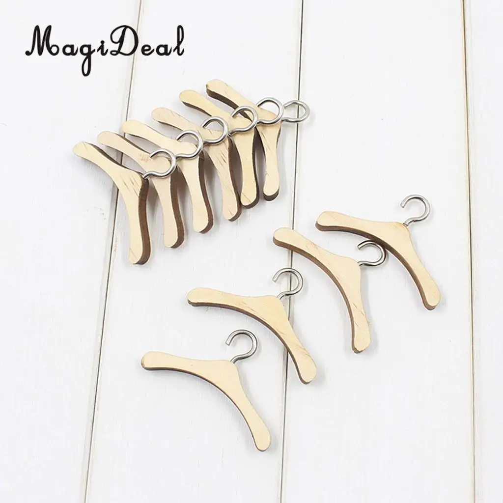 MagiDeal 10Pcs/Lot Wooden Metal Hook Clothes Hanger for 12 Inch BJD Dolls Dress Pants Clothing Dollhouse Furniture Acce Toys