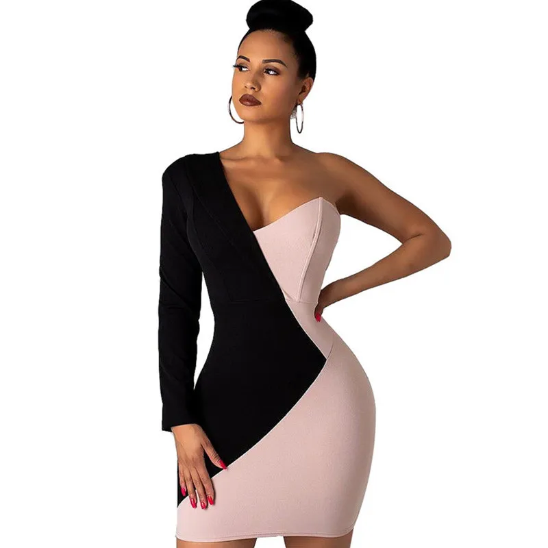 

Sexy One Shoulder Party Bodycon Dress Women V-neck Long Sleeve Patchwork Contrast Stretchy Elegant Mini Club Dresses Vestidos