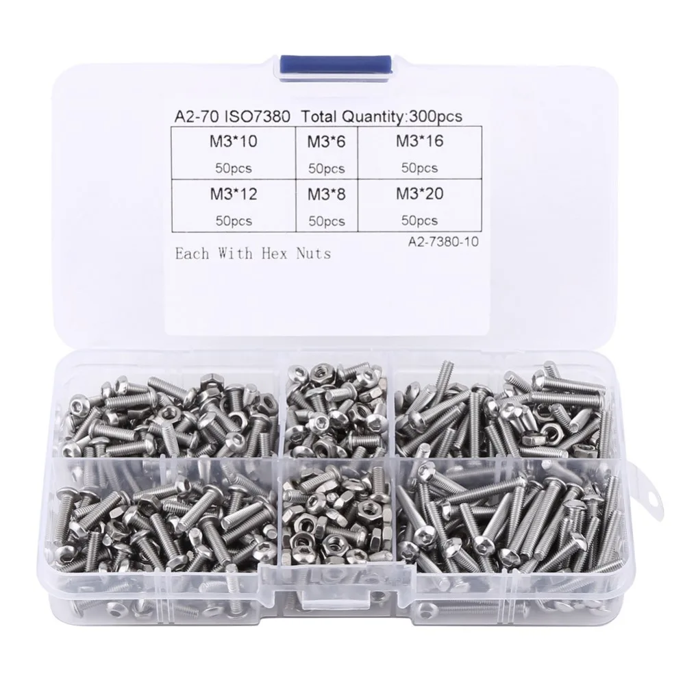 

New 300pcs/Set M3 Stainless Steel Button Head Hex Socket Screws Assortment Kit with Nuts