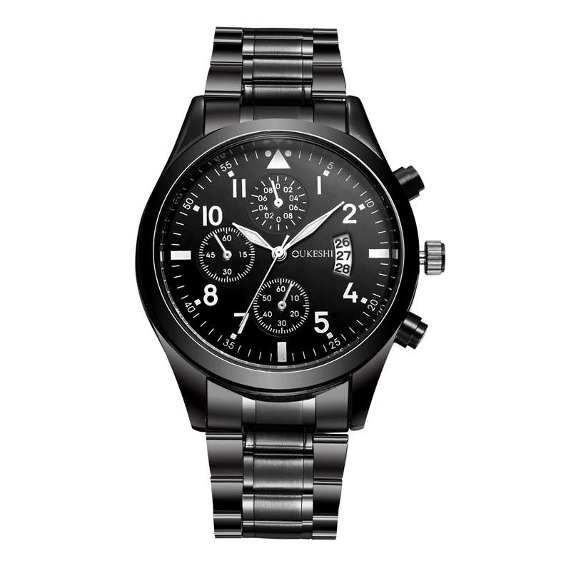 

OUKESHI Stainless Steel Quartz Men Watch Top Brand Luxury Calendar Wristwatch Fashion Casual Boutique Black Watches Relojes 2018