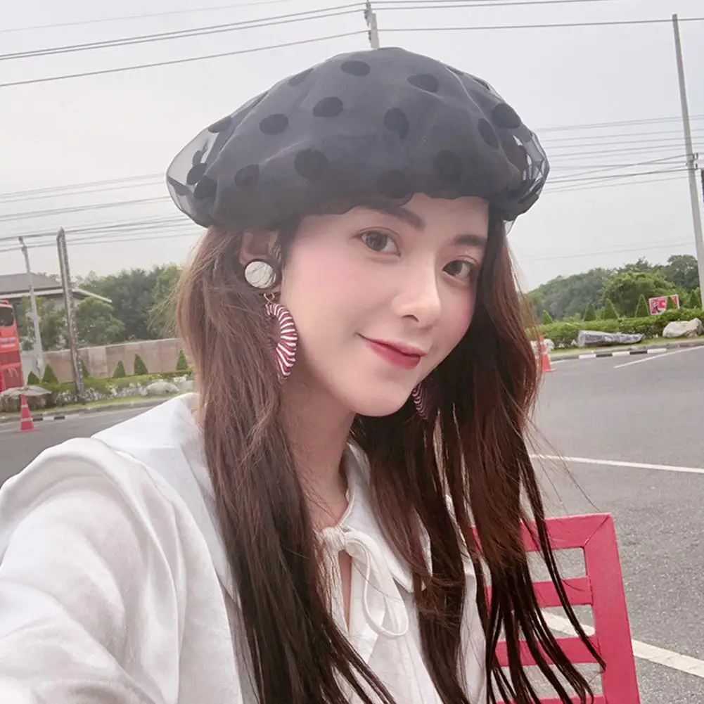 

Women Beret Hat Fashion Elegant Mesh Organza Dot Cap Cotton Spring Summer Students Cute All Matching Pumpkin Hat For Lade Girl
