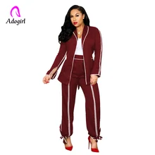 Office Fashion Pant Suits 2 Piece Set Women Side Stripe Belt Blazer Slit Sleeve Side Webbing Jacket & Trouser Office Lady Suit