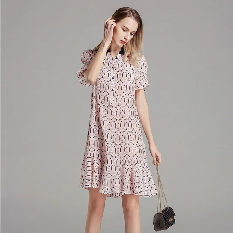 

Ruffle Dress 2019 Summer New Women's Pullover Printed Silk Pink Dress Lace midi Knee-Length Elegant Plus Size Free Shipping