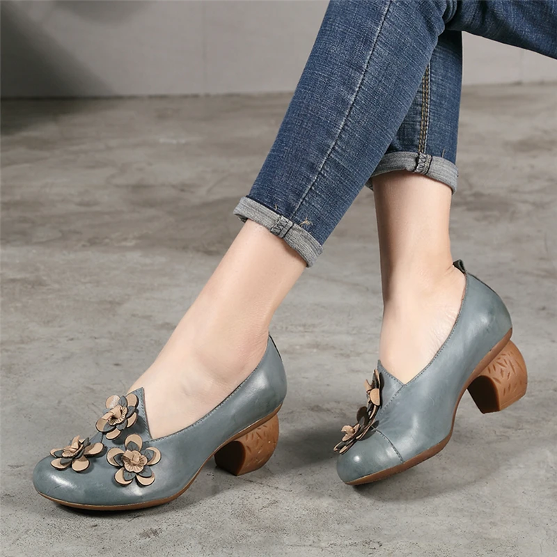 

Women Leather Pumps Flower 6 CM High Heels Spring Shoes 2019 Retro Lazy Shoes Genuine Leather Women Pumps Set Foot Handmade Heel