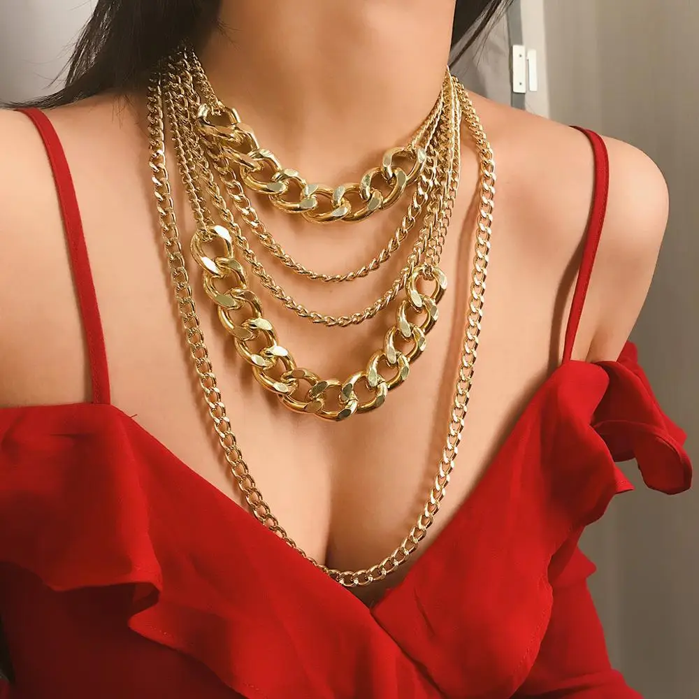 

1Pcs Vintage Punk Fashion Multi Layer Thick Curb Chain Choker Necklace For Women Girls Exaggerated Hip Hop Jewelry Accessories