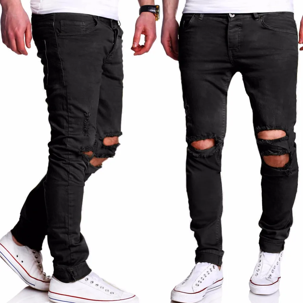 Buy A.BLISS 2017 Men Ripped Biker Jeans Distressed 100 Cotton Black Slim Fit