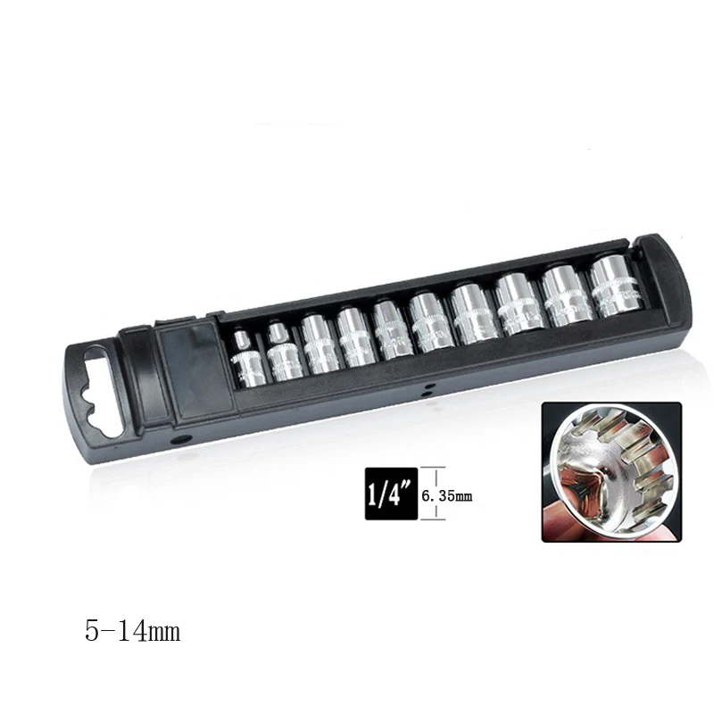 

10 Pcs/set 1/4" 5-14mm Universal 12 Tooth Socket Wrench Head Inner Hexagon Spanner Allen Head Auto Repair Tools
