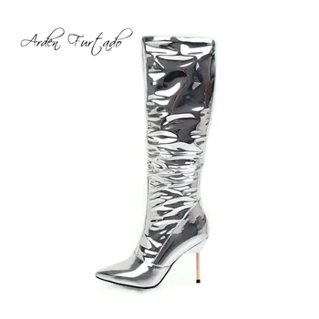 

2018 winter stilettos boots knee high silver boots sexy high heels 9cm zipper fashion shoes woman big size small size 32 33 lady