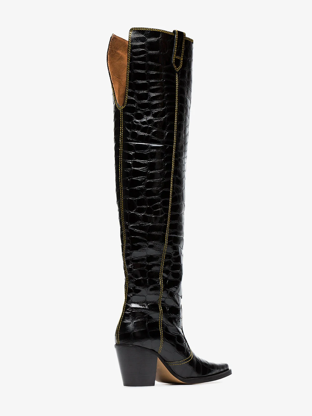 La Rodilla De Bloque Talón Cocodrilo Muslo Pie Patente Sobre Con Negro Alta Mediados Botas Cuadrado Mujeres Del Dedo Punta Vaquero Impresión Tacón 7zOn11qg