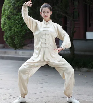 

Plus Size XXXL Beige Chinese Style Female Tai Chi Suit Women's Satin Kung Fu Uniform Long Sleeve Wu Shu Clothing 2526-2