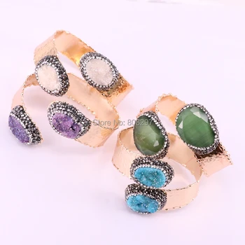 

3Pcs Pave Crystal Rhinestone Natural Quartz Geode Stone Adjustable Bangle,Fashion Jewelry Drusy Gem Bracelet For Women
