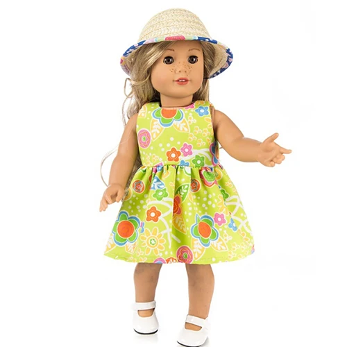 Модное платье с соломенной шляпой для американской девочки, 18 дюймов, кукольная одежда для детей, лучший подарок