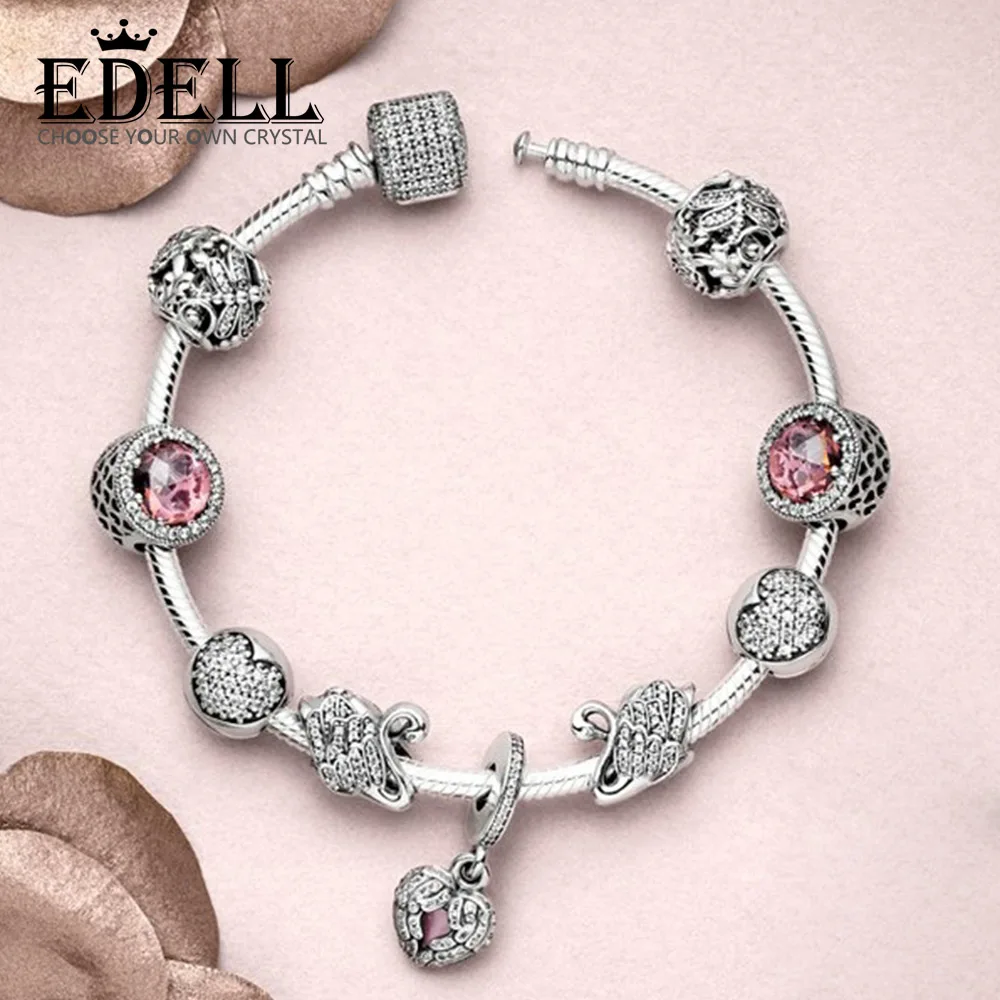 

EDELL 100% 925 Sterling Silver Butterfly Radiant Hearts Beads Majestic Swan Charm ANGEL WINGS LOCKET HANGING CHARM Bracelet Set