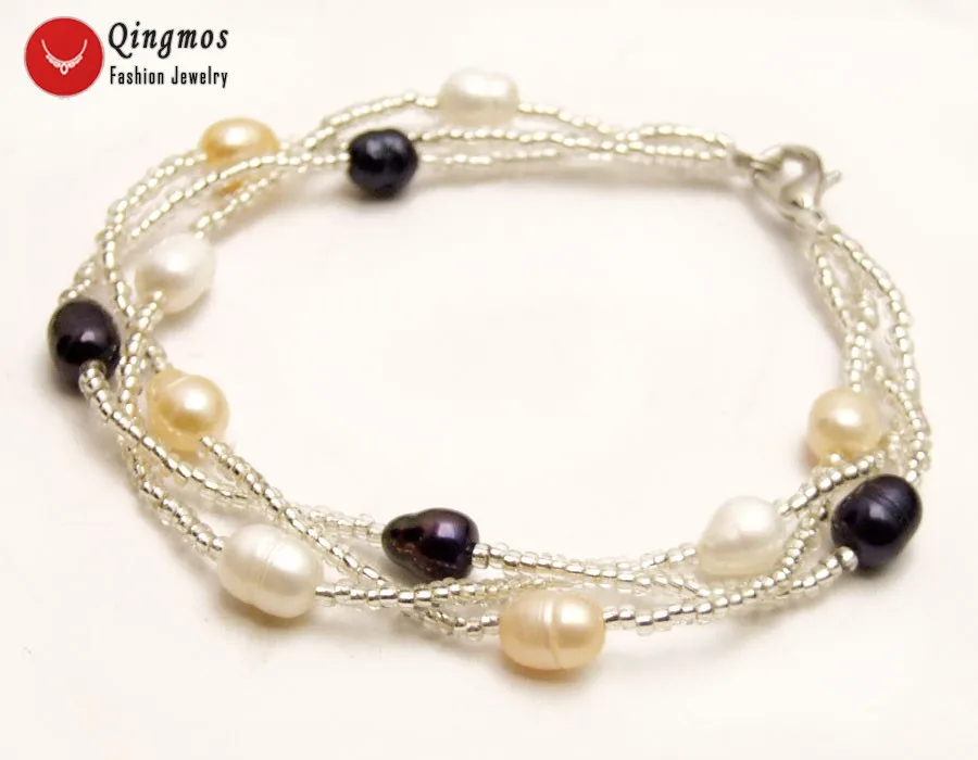 

Qingmos Natural Pearl Bracelet for Women with 5-6mm Multicolor Rice Pearl and Crystal Handwork Weave 3 Strands Bracelet Jewelry