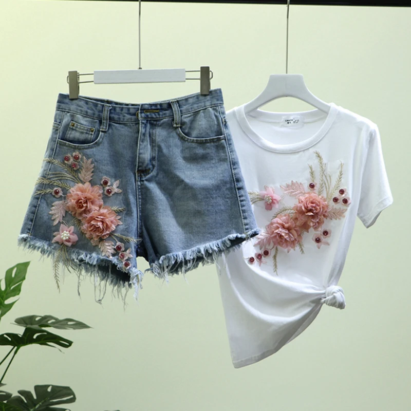 

2019 Women Casual Bead flower T Shirts short pants Suits Woman Loose T shirt Short Denim Trousers Sets XZ022