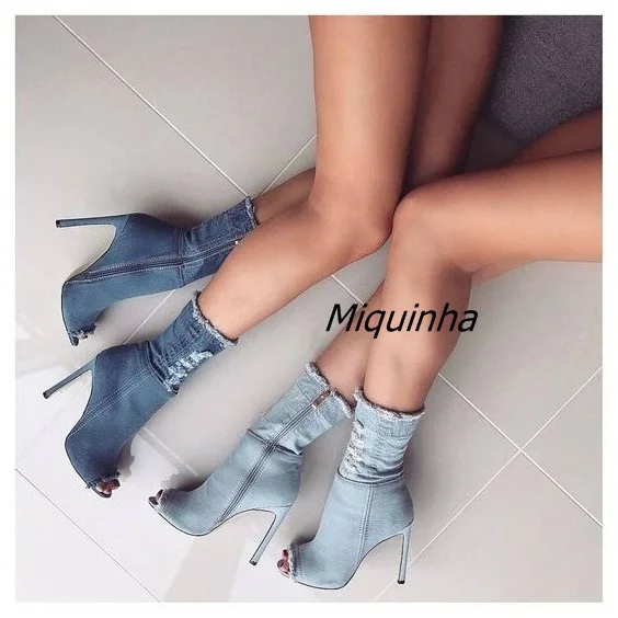 

Top Quality Light Blue Jeans Peep Toe Woman Ankle Booties Fashion Fringe Edge Stiletto Heel Sandal Boots Pretty Denim WomanShoes
