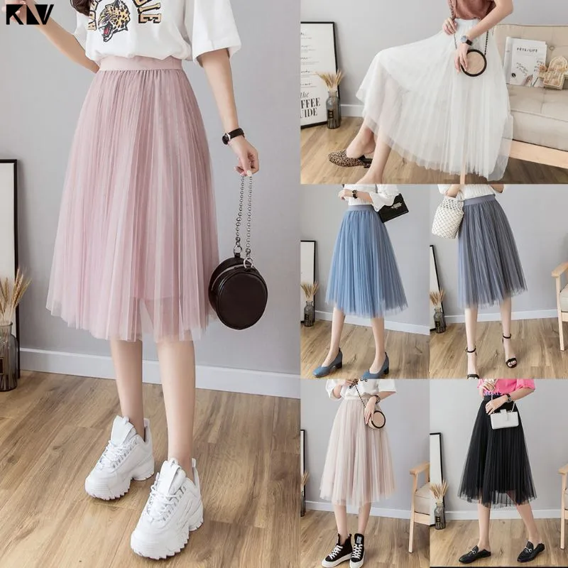 

KLV High Waist Layered Mesh Pleated Knee Length A-Line Skirt Pleated Tulle Korean Plain Solid Color Fancy Casual Party SKirts