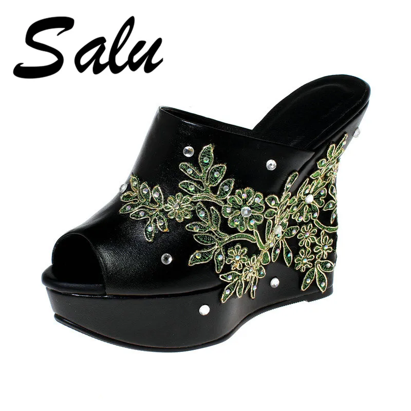 

Salu New Sandals Women Summer Slip-on Genuine Leather Shoes Woman Wedges High Heeled Shoes Roman Sandals Women