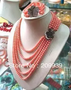 

Natural stone 6mm PINK CORAL BEAD NECKLACE 17-20" BRACELET 7.5-7.8" SET Bells of buttonsCZ Luxury Ms. girl