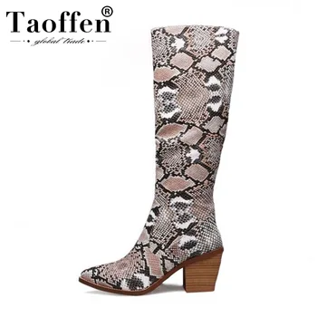 

Taoffen Knee High Boots Women Fashion Snake Print Sexy Pointed Toe Zipper Winter Shoes Women Square High Heel Boots Size 34-44