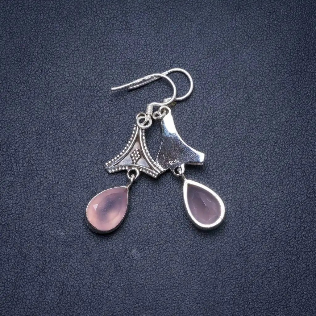 

Natural Rose Quartz Handmade Unique 925 Sterling Silver Earrings 1.75" Y1233