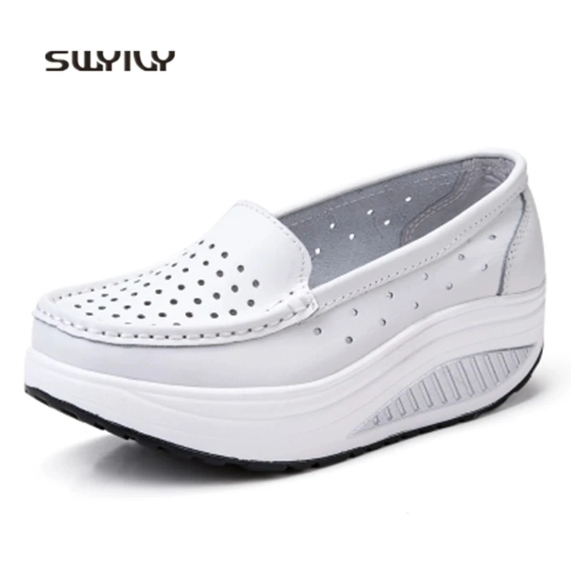 SWYIVY Sneakers Women Toning Shoes Leather Hollow Breathable 2018 Platform Nurse Shoes Light Weight Female Slimming Swing Shoes