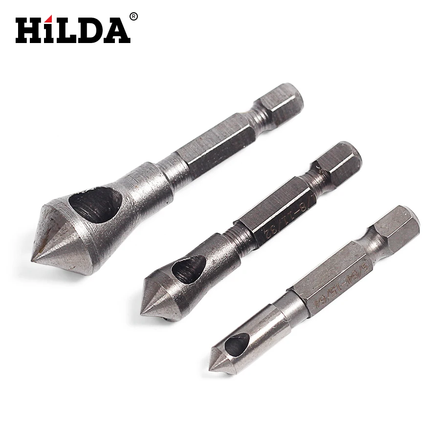 HILDA 3Pcs Hand Tool Set HSS Titanium Coated Countersink & Unbridled Drill Cutting Through Metal