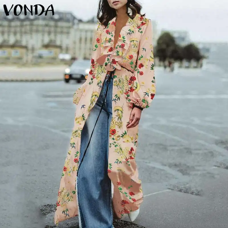 VONDA модные женские блузки с цветочным принтом сексуальные с v-образным вырезом и длинным рукавом повседневные свободные длинные рубашки с оборками винтажные Топы больших размеров