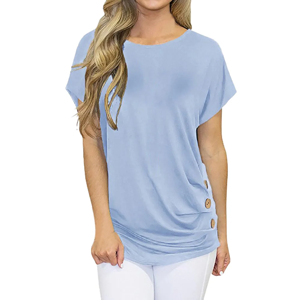 Women tops and blouse women blouse shirt Solid Short Batwing Sleeve O-Neck Polyester Button blouse women 2019 summer women LJ&50