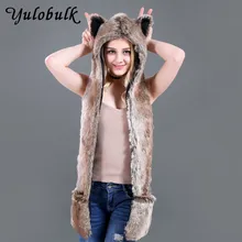 Зимняя шапка из искусственного меха, пушистая плюшевая шапка в виде животного, шапка для женщин и мужчин, шарф с капюшоном, зимняя шапка и шарф, набор, женский шарф в виде волка, шапка, перчатки